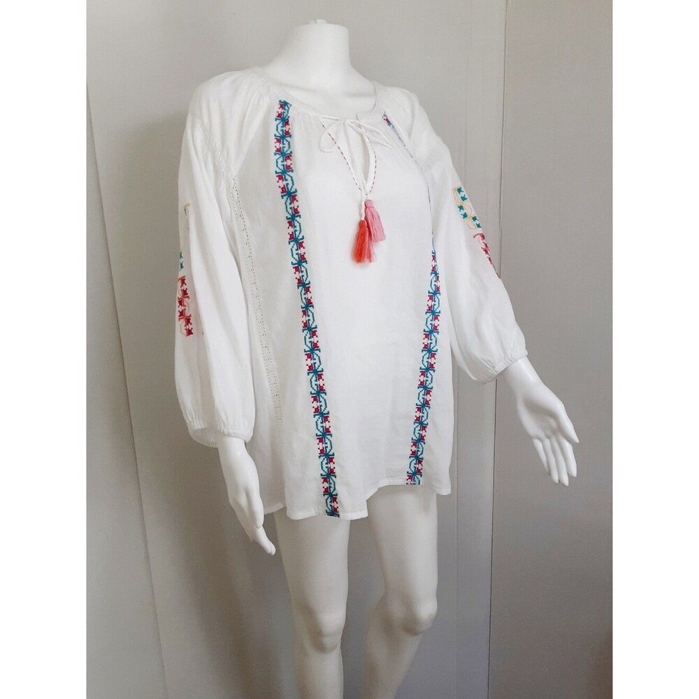 World Market White 100% Cotton Embroidered Peasant Blouse with Tassel Tie Sz L